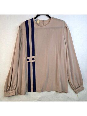 Vintage 80s Gailord Striped Blouse18 Beige Navy Capsule Office Flowy Retro Twee